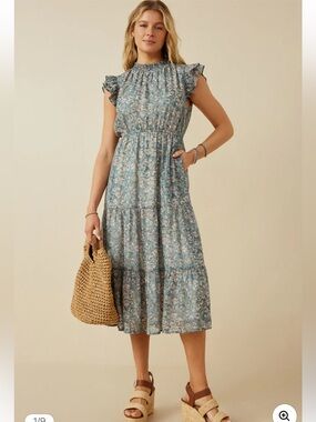Hayden Botanical Print Ruffle Detail Chiffon Dress Size Large